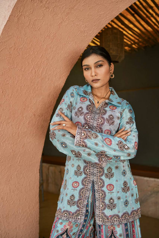 Glorious Sky Blue Chinon Silk Mirror Work Co-Ord Set