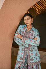 Glorious Sky Blue Chinon Silk Mirror Work Co-Ord Set