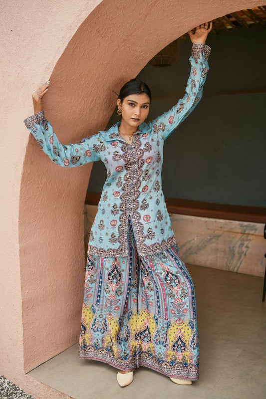 Glorious Sky Blue Chinon Silk Mirror Work Co-Ord Set
