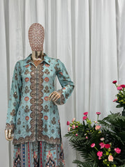 Glorious Sky Blue Chinon Silk Mirror Work Co-Ord Set