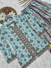 Glorious Sky Blue Chinon Silk Mirror Work Co-Ord Set