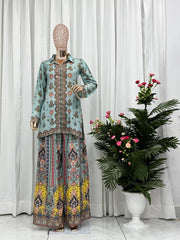 Glorious Sky Blue Chinon Silk Mirror Work Co-Ord Set