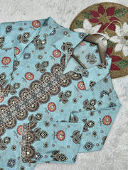 Glorious Sky Blue Chinon Silk Mirror Work Co-Ord Set