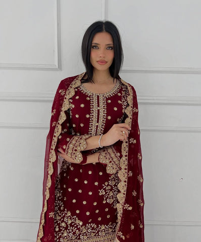 Classy Maroon Georgette Sequence Work Palazzo Suit