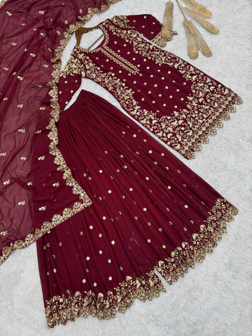 Classy Maroon Georgette Sequence Work Palazzo Suit