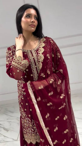 Classy Maroon Georgette Sequence Work Palazzo Suit