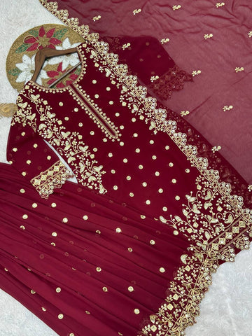 Classy Maroon Georgette Sequence Work Palazzo Suit