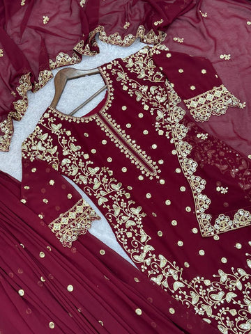 Classy Maroon Georgette Sequence Work Palazzo Suit