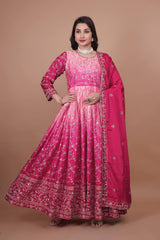Alluring Double Shaded Pink Chinon Silk Embroidery Work Gown
