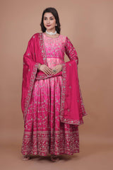Alluring Double Shaded Pink Chinon Silk Embroidery Work Gown