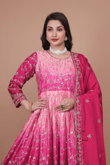 Alluring Double Shaded Pink Chinon Silk Embroidery Work Gown