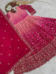Alluring Double Shaded Pink Chinon Silk Embroidery Work Gown