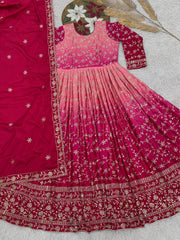 Alluring Double Shaded Pink Chinon Silk Embroidery Work Gown