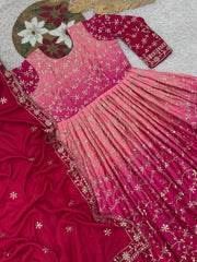 Alluring Double Shaded Pink Chinon Silk Embroidery Work Gown