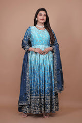 Alluring Double Shaded Pink Chinon Silk Embroidery Work Gown