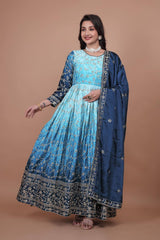 Alluring Double Shaded Pink Chinon Silk Embroidery Work Gown