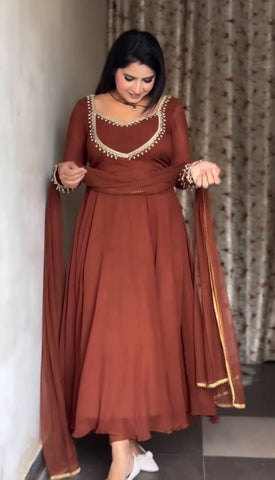 Alluring Brown Georgette with Moti Work Gown