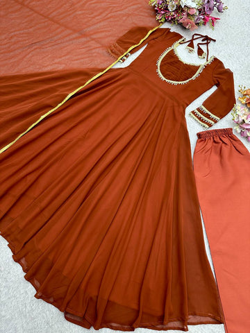Alluring Brown Georgette with Moti Work Gown