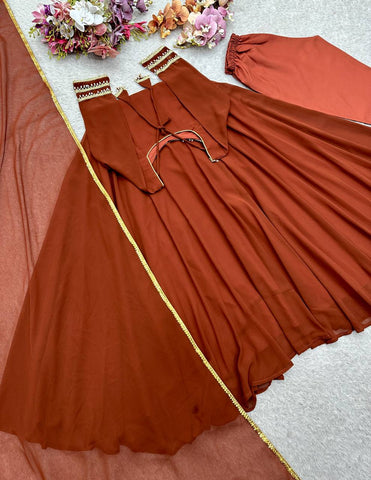 Alluring Brown Georgette with Moti Work Gown