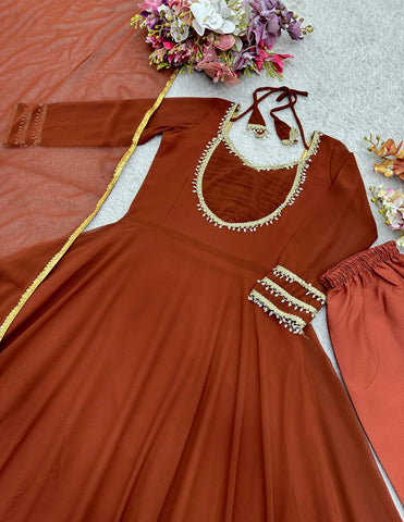 Alluring Brown Georgette with Moti Work Gown