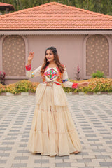 Navratri Wear Alluring White Cotton Gamthi Work Lehenga Choli With Koti
