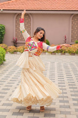 Navratri Wear Alluring White Cotton Gamthi Work Lehenga Choli With Koti