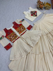 Navratri Wear Alluring White Cotton Gamthi Work Lehenga Choli With Koti