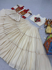 Navratri Wear Alluring White Cotton Gamthi Work Lehenga Choli With Koti