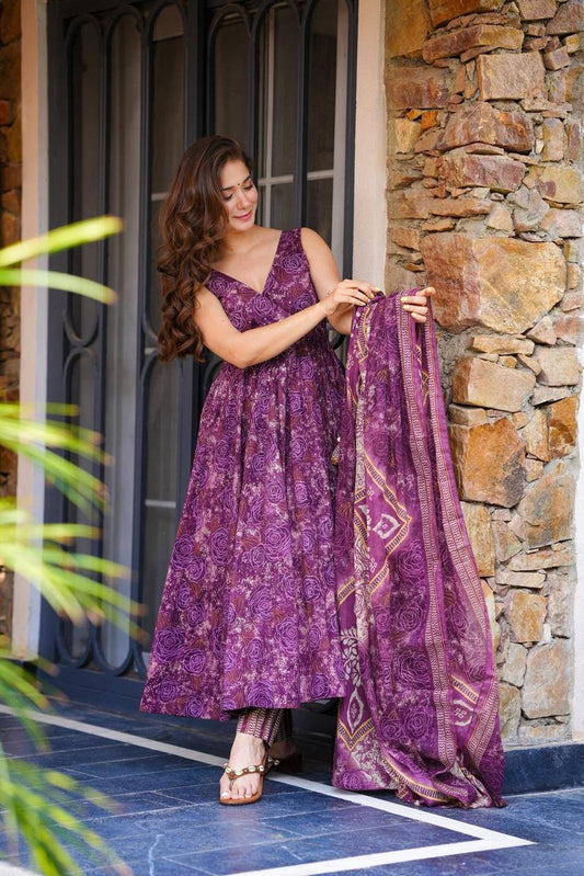 Ravishing Purple Cotton Digital Work Anarkali Suit