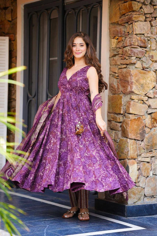 Ravishing Purple Cotton Digital Work Anarkali Suit