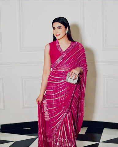 Lovely Pink Georgette Thread Work Saree