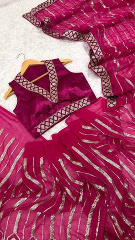 Lovely Pink Georgette Thread Work Saree