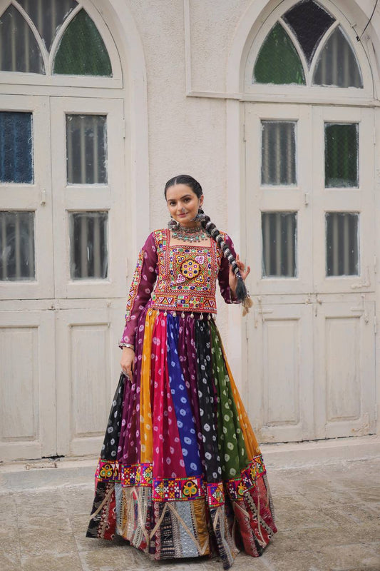 Navratri Festival Exclusive Multicolor Georgette Gamthi Work Lehenga Choli