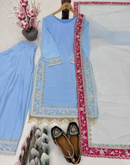 Innovative Sky Blue Georgette Embroidered Punjabi Style Salwar Suit