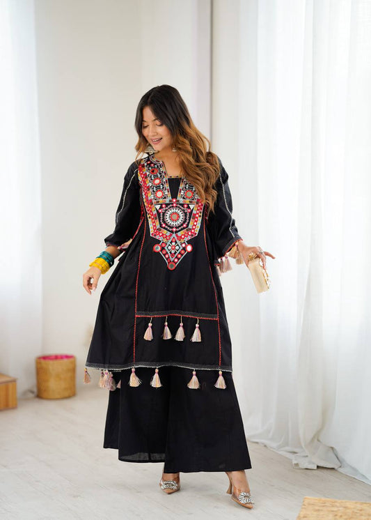 Amazing Black Khadi Cotton Embroidery Work Co-ord Set
