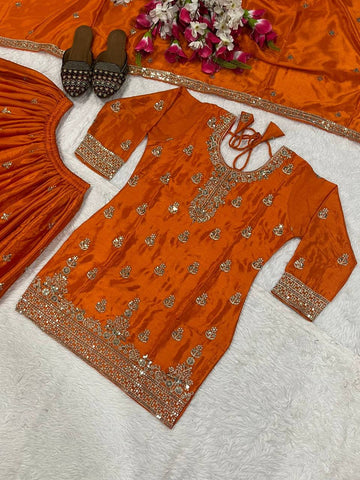 Trendy Orange Chinon Silk Sequence Work Sharara Suit