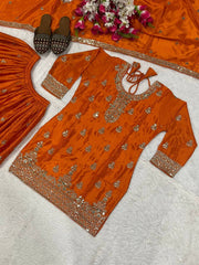 Trendy Orange Chinon Silk Sequence Work Sharara Suit