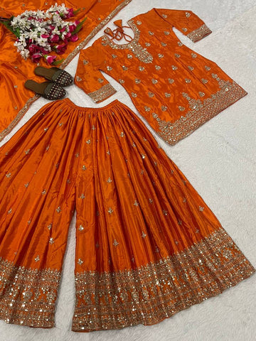Trendy Orange Chinon Silk Sequence Work Sharara Suit