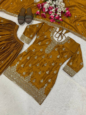 Trendy Orange Chinon Silk Sequence Work Sharara Suit