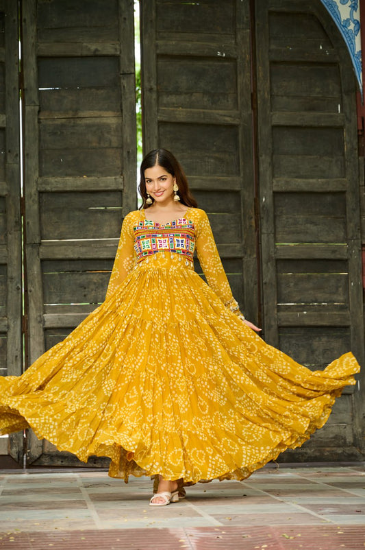 Classy Mustard Georgette Bandhani Work Gown