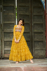 Classy Mustard Georgette Bandhani Work Gown