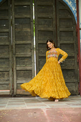 Classy Mustard Georgette Bandhani Work Gown