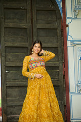 Classy Mustard Georgette Bandhani Work Gown