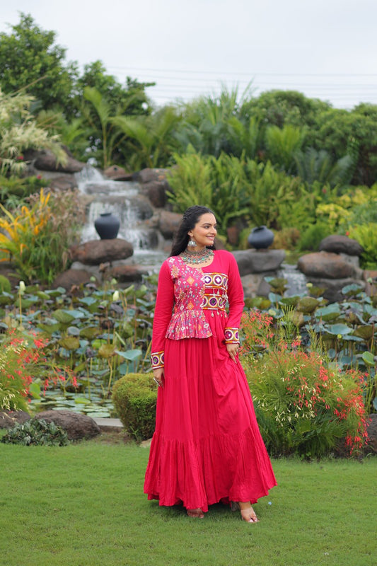Innovative Pink Rayon Kutchi Work Navratri Wear
