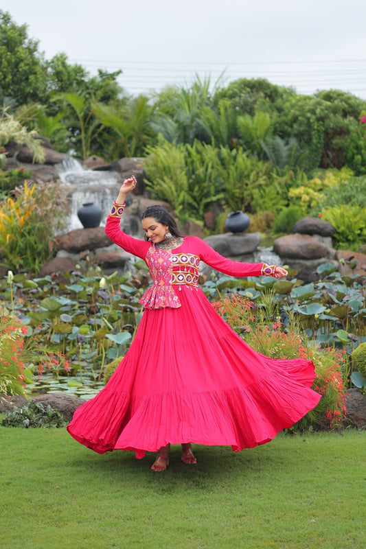 Innovative Pink Rayon Kutchi Work Navratri Wear