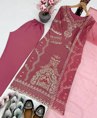 Marvelous Pink Georgette Embroidery Work Palazzo Suit