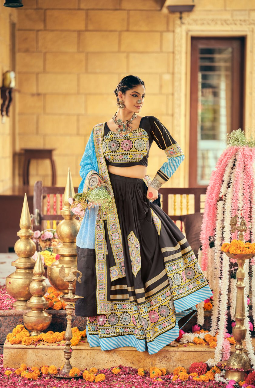 Navratri Wear Glorious Black Rayon Embroidery Work Lehenga Choli