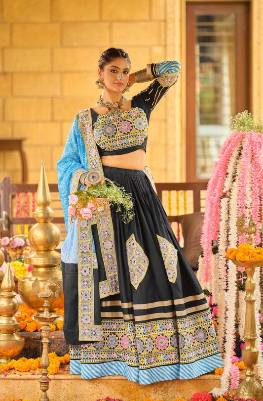 Navratri Wear Glorious Black Rayon Embroidery Work Lehenga Choli