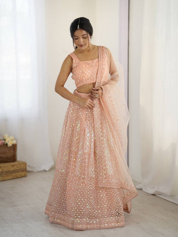Trendy Peach Net Rainbow Work Lehenga Choli