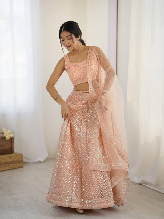 Trendy Peach Net Rainbow Work Lehenga Choli